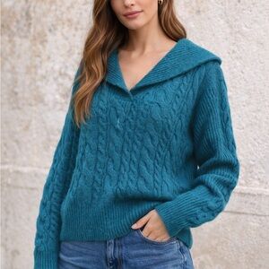Teal Cable-Knit V-Neck Sweater